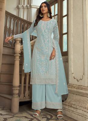 Sky Blue Premium Net Embroidered Traditional Palazzo Suit 1