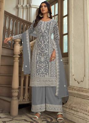 Grey Premium Net Embroidered Traditional Palazzo Suit 1