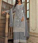 Grey Premium Net Embroidered Traditional Palazzo Suit