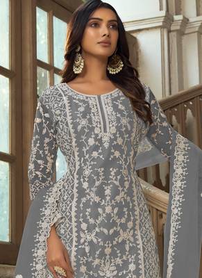 Grey Premium Net Embroidered Traditional Palazzo Suit 2