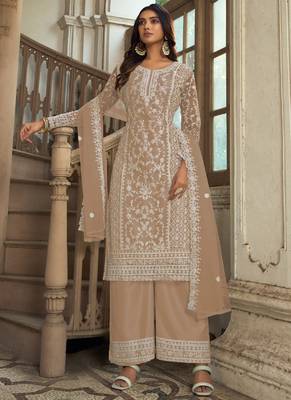 Beige Premium Net Embroidered Traditional Palazzo Suit 1