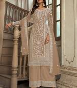 Beige Premium Net Embroidered Traditional Palazzo Suit