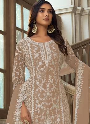 Beige Premium Net Embroidered Traditional Palazzo Suit 2