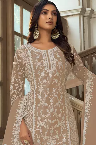 Beige Premium Net Embroidered Traditional Palazzo Suit