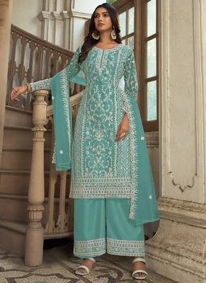 Aqua Blue Premium Net Embroidered Traditional Palazzo Suit 1