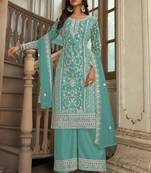 Aqua Blue Premium Net Embroidered Traditional Palazzo Suit