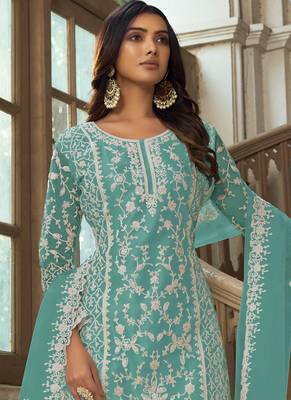 Aqua Blue Premium Net Embroidered Traditional Palazzo Suit 2