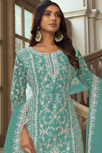Aqua Blue Premium Net Embroidered Traditional Palazzo Suit