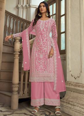 Pink Premium Net Embroidered Traditional Palazzo Suit 1