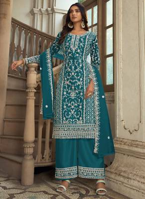 Teal Premium Net Embroidered Traditional Palazzo Suit 1