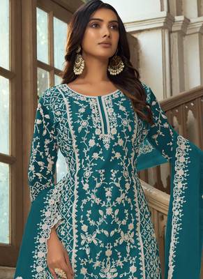 Teal Premium Net Embroidered Traditional Palazzo Suit 2