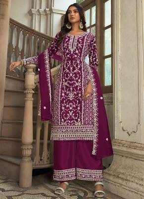Wine Premium Net Embroidered Traditional Palazzo Suit 1