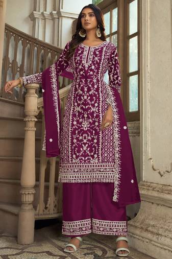 Wine Premium Net Embroidered Traditional Palazzo Suit