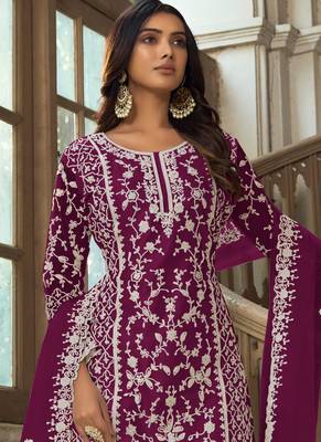Wine Premium Net Embroidered Traditional Palazzo Suit 2