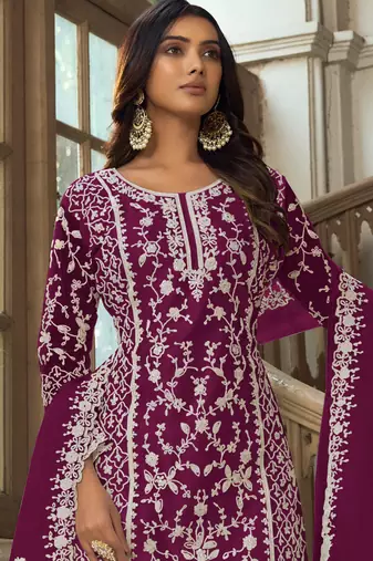 Wine Premium Net Embroidered Traditional Palazzo Suit