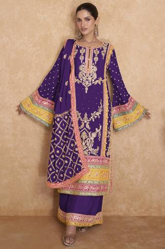 Purple Chinnon Embroidered Traditional Pakistani Salwar Kameez