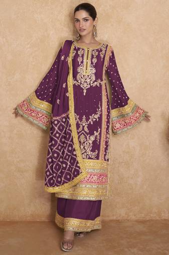 Wine Chinnon Embroidered Traditional Pakistani Salwar Kameez