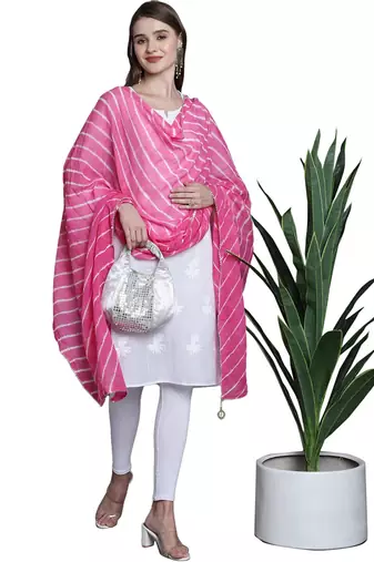 Pink Cotton Leheriya Print Dupatta