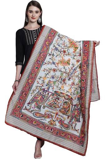 White Silk Embroidered Dupatta