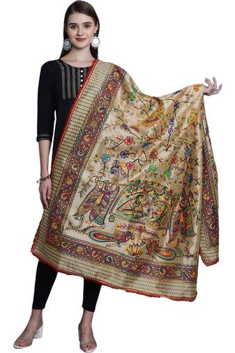 Beige Silk Embroidered Dupatta