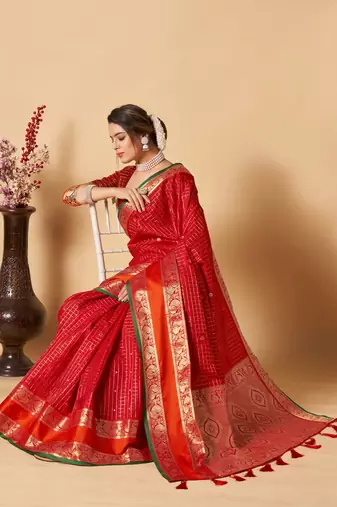 Red weaving banarasi silk saree with un-stiched blouse