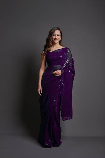 Purple embroidery heavy georgette saree with un-stiched blouse