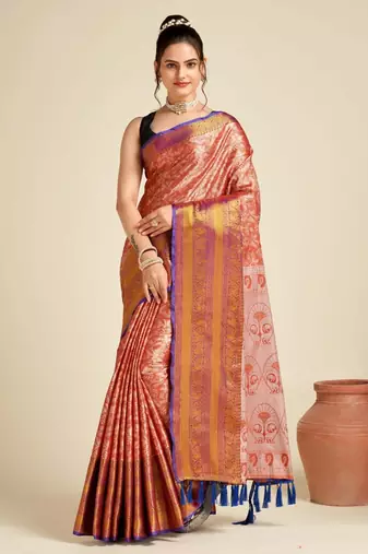 Orange weaving banarasi silk saree with un-stiched blouse