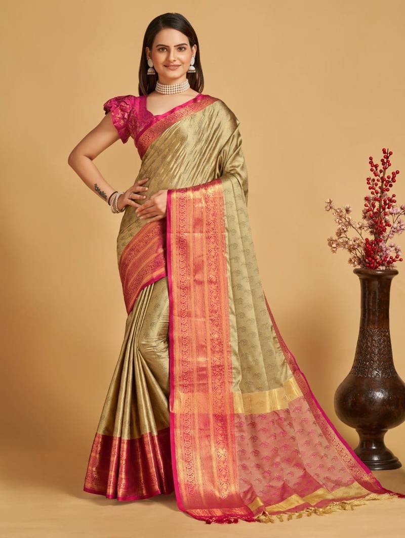 Beige weaving banarasi silk saree with un-stiched blouse