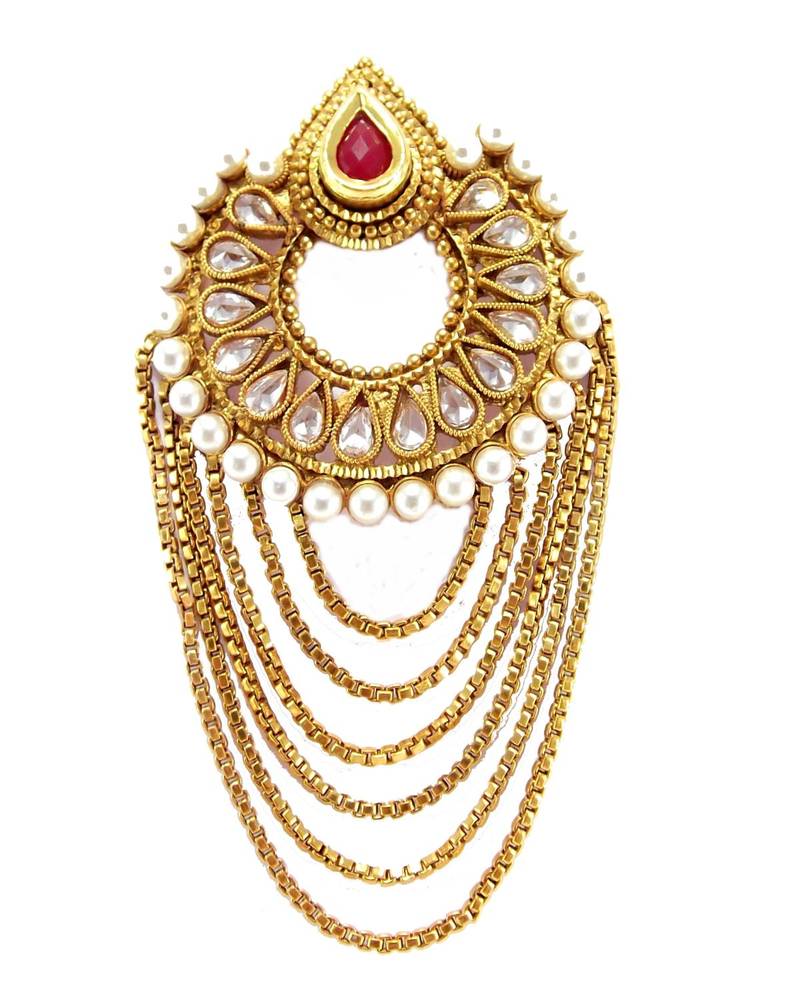 Muslim Bridal Gold Tone Pearl Jhoomar Passa Hair Accessory