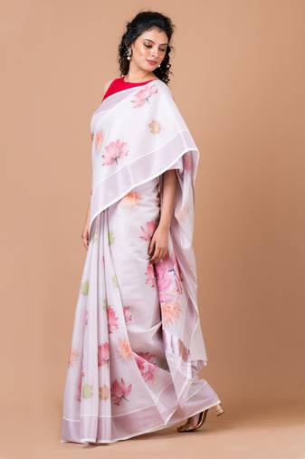 Indiloom White Digital Print Kasavu Kerela Cotton Saree With Blouse Piece