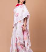 Indiloom White Digital Print Kasavu Kerela Cotton Saree With Blouse Piece