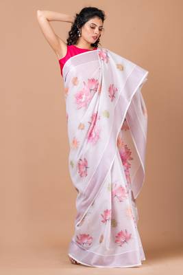 Indiloom White Digital Print Kasavu Kerela Cotton Saree With Blouse Piece 2