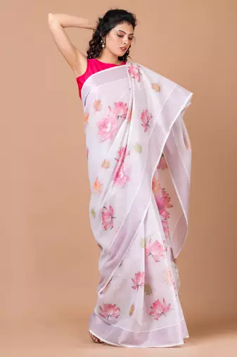 Indiloom White Digital Print Kasavu Kerela Cotton Saree With Blouse Piece