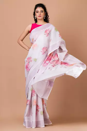 Indiloom White Digital Print Kasavu Kerela Cotton Saree With Blouse Piece