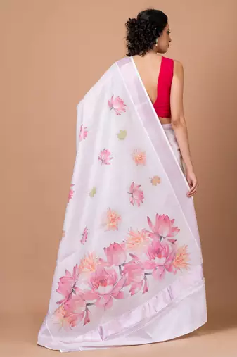 Indiloom White Digital Print Kasavu Kerela Cotton Saree With Blouse Piece