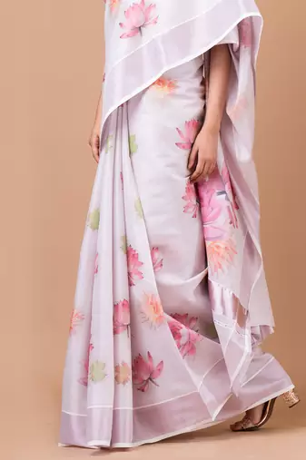 Indiloom White Digital Print Kasavu Kerela Cotton Saree With Blouse Piece