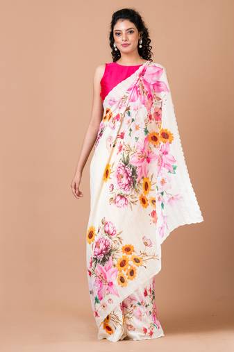 Indiloom White Digital Print Woven Sequence Crepe Saree With Blouse Piece