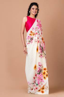 Indiloom White Digital Print Woven Sequence Crepe Saree With Blouse Piece 2