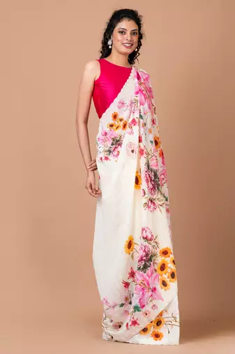 Indiloom White Digital Print Woven Sequence Crepe Saree With Blouse Piece