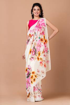 Indiloom White Digital Print Woven Sequence Crepe Saree With Blouse Piece 3