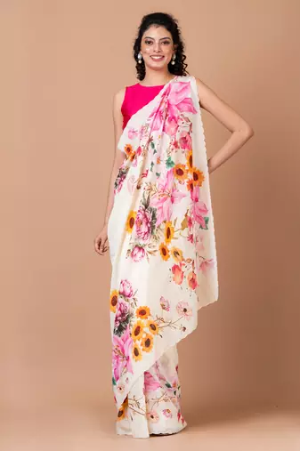 Indiloom White Digital Print Woven Sequence Crepe Saree With Blouse Piece