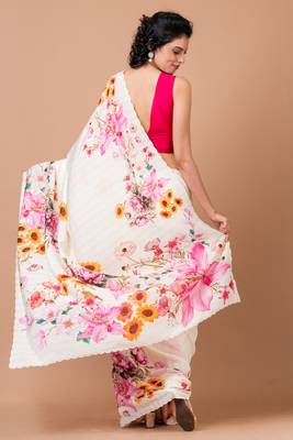 Indiloom White Digital Print Woven Sequence Crepe Saree With Blouse Piece 4