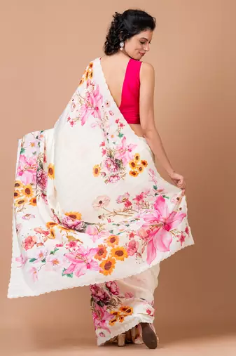 Indiloom White Digital Print Woven Sequence Crepe Saree With Blouse Piece