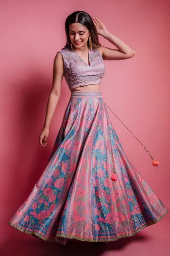 Dewberry Mauve & Dessert Blue Flowerette Lehenga Set
