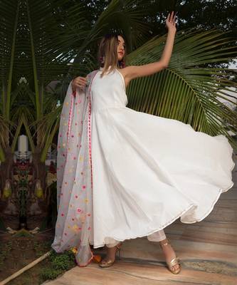White mirror work anarkali set 4
