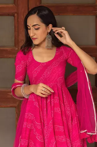 Pink bandhej anarkali set