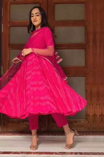 Pink bandhej anarkali set
