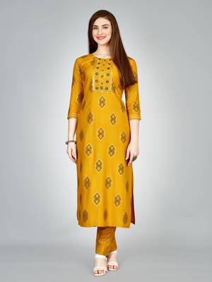 Women embroidered rayon yellow kurta pant set 1
