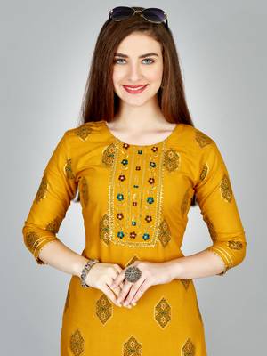 Women embroidered rayon yellow kurta pant set 2