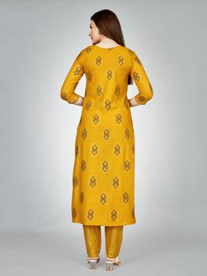 Women embroidered rayon yellow kurta pant set 3